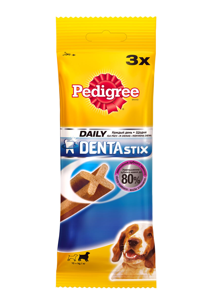 Лакомство по уходу за зубами Pedigree Denta Stix для собак средних и крупных пород, 180 г10230 Лакомство по уходу за зубами Pedigree Denta Stix для собак средних и крупных пород, 180 г10230Собакам необходим ежедневный уход за полостью рта. Pedigree Denta Stix - это вкусное лакомство на каждый день, которое не только очищает зубы, но и укрепляет десны и освежает дыхание. Благодаря своей уникальной форме, Pedigree Denta Stix уменьшит у вашего любимца зубной камень до 80%. Denta Stix - это уникальная возможность ухаживать за зубами собаки во время еды. Структура Pedigree Denta Stix имеет Х-образный профиль. Чтобы разжевать косточку, собака должна прилагать усилия, что помогает удалить налет. Pedigree Denta Stix разжевываются в течение довольно долгого времени. Дополнительное преимущество продолжительного жевания состоит в том, что оно стимулирует выделение слюны. Слюна помогает вымывать остатки пищи и удалять их с зубов. Состав: Состав: злаки, продукты растительного происхождения, минералы, мясо и субпродукты, белковые растительные экстракты, масла и жиры, ароматизатор куриный натуральный (43,6 г). Анализ: белок - 9 г, жир - 2,6 г, клетчатка - 2,4 г, зола - 6,1 г, влажность - 8 г, триполифосфат натрия - 2,4 г, сульфат цинка - 104,5 мг.Вес: 180 г.Товар сертифицирован.