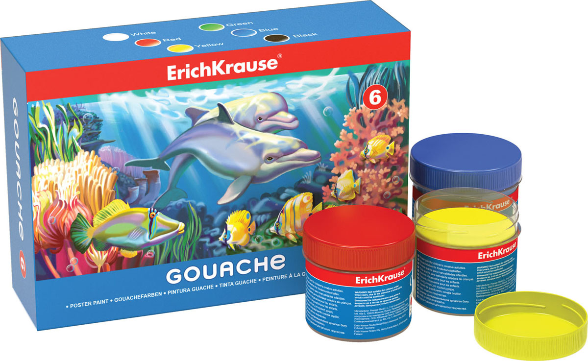 Гуашь Erich Krause, 6 цветов, 100 мл35118 Гуашь Erich Krause, 6 цветов, 100 мл35118Гуашь Erich Krause предназначена для декоративно-оформительских работ и творчества детей. В набор входят краски 6 ярких цветов: белого, красного, зеленого, синего, желтого, черного.Каждая баночка с гуашью закрывается винтовой крышкой. Краски легко наносятся на бумагу и картон, они легко размываются водой и быстро сохнут.Рисование не просто подарит радость вашему малышу, но и поможет ему стать более усидчивым и наблюдательным, развивая способность видеть мир во всех его красках и оттенках.Размер баночки с краской:3,5 см x 3,5 см x 4 см.