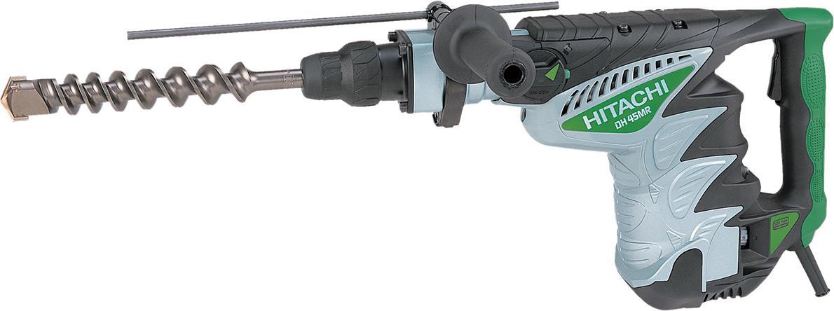 Hitachi DH45MR перфораторDH45MR Hitachi DH45MR перфораторDH45MRВращение плюс ударПерфоратор сочетает в себе не только вращательные движения (как дрель) но и поступательные, что позволяет ему с легкостью долбить более твердые материалы (бетон, кирпич). DH45MR от Hitachi – высокомощный перфоратор для создания отверстий в дереве, металле, керамике. Надежный ударный механизм обеспечит бесперебойную работу с твердыми материалами. Плавный спуск поможет избежать рывков, обеспечит надежный контроль при исполнении работы и продлит срок эксплуатации электроинструмента.Энергия и мощностьИмея на борту 1200-ватный двигатель, Hitachi DH45MR быстро и качественно справится с поставленными задачами. В режиме работы «долбление», «сверление с ударом» энергия удара перфоратора составляет 15.5 Дж, а частота ударов холостого хода достигает отметки в 2500 уд/мин. Это дает возможность работать c такими плотными и твердыми материалами, как кирпич, керамика, бетон, камень, делать отверстия в монолитных конструкциях.Скорости работыВся конструкция корпуса инструмента, от рукоятки и до надежных систем защиты, говорит об удобстве и надежности эксплуатации перфоратора. С помощью регулятора переключения скорости работы перфоратор можно подстраивать для разного вида работ и материалов.Забота о пользователеДля крепления рабочей оснастки модель оснащена SDS-Max патроном, в котором можно использовать насадки (буры, зубила, сверла) с диаметром хвостовика до 18 мм. В кейсе можно удобно и надежно хранить инструмент, а также всегда иметь под рукой необходимую оснастку: сверла, буры, зубила, насадки и прочие аксессуары. Предохранительная муфта остановит вращения патрона во время заклинивания бура в неоднородном материале.Мелочи для удобстваЭксплуатация Hitachi DH45MR станет более комфортной и удобной благодаря предусмотренным в инструменте ряда особенностей: эргономичная ручка, обеспечивающая надежный хват во время работы; дополнительная съемная рукоятка, способная поворачиваться на 360°; ограничитель глубины – придет на помощь, когда необходимо просверлить отверстие точно заданной глубины.