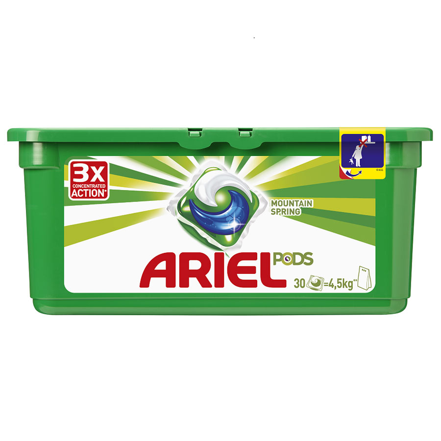 Гель в капсулах Ariel Pods 3в1 Горный родник, 30 штAG-81490432 Гель в капсулах Ariel Pods 3в1 Горный родник, 30 штAG-814904323в1 - очищает, выводит пятна, придает яркость Инновация! Первое средство для стирки с тремя раздельными компонентами, которые работают вместе. Они очищают, выводят пятна и придают тканям яркость. Компоненты находятся в отдельных секциях капсулы, что предотвращает их смешивание до начала стирки. • Первое средство для стирки из 3х компонентов!• Инновационная защитная быстрорастворимая пленка сохраняет компоненты отдельно друг от друга, что предотвращает их смешивание до начала стирки.• Непревзойденная эффективность: Ariel PODS. 3в1 - лучшее жидкое средство для стирки от Ariel.Для наилучшего результата используйте вместе с кондиционером для белья Lenor.Состав: >30% анионные ПАВ; 5-15% неионогенные ПАВ, Мыло; <5% фосфонаты; энзимы, оптические отбеливатели, ароматизаторы, альфа-изометилионон, бензилсалицилат, цитронеллол, кумарин, гексил циннамал, линалоол.