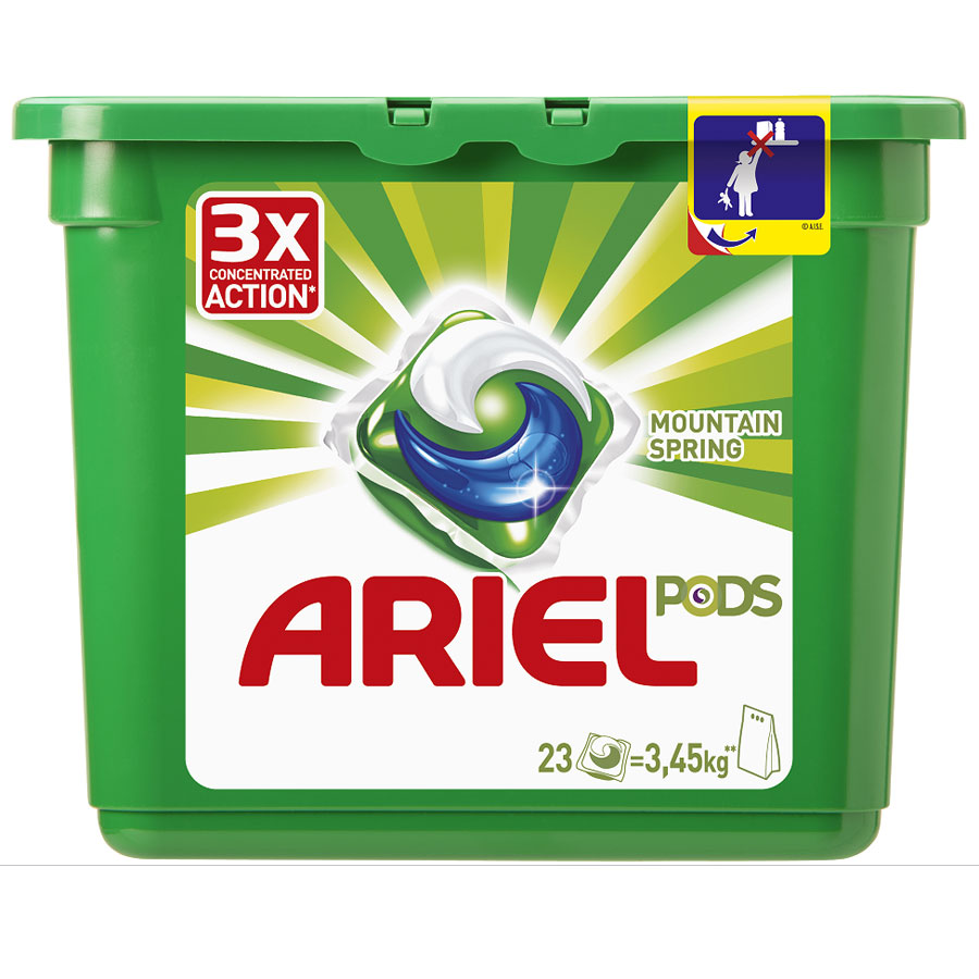 Гель в капсулах Ariel Pods 3в1 Горный родник, 23 штAG-81551494 Гель в капсулах Ariel Pods 3в1 Горный родник, 23 штAG-815514943в1 - очищает, выводит пятна, придает яркость Инновация! Первое средство для стирки с тремя раздельными компонентами, которые работают вместе. Они очищают, выводят пятна и придают тканям яркость. Компоненты находятся в отдельных секциях капсулы, что предотвращает их смешивание до начала стирки. • Первое средство для стирки из 3х компонентов!•Инновационная защитная быстрорастворимая пленка сохраняет компоненты отдельно друг от друга, что предотвращает их смешивание до начала стирки.• Непревзойденная эффективность: Ariel PODS. 3в1 - лучшее жидкое средство для стирки от Ariel.Для наилучшего результата используйте вместе с кондиционером для белья Lenor.Состав: >30% анионные ПАВ; 5-15% неионогенные ПАВ, Мыло; <5% фосфонаты; энзимы, оптические отбеливатели, ароматизаторы, альфа-изометилионон, бензилсалицилат, цитронеллол, кумарин, гексил циннамал, линалоол.