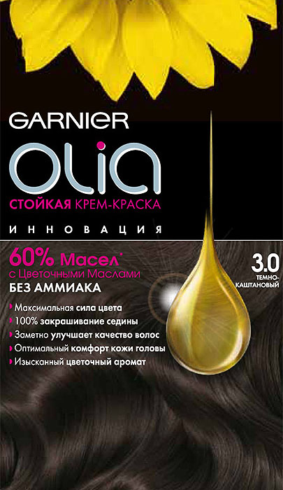 Garnier Стойкая крем-краска для волос Olia без аммиака, оттенок 3.0, Темно-каштановыйC4681901 Garnier Стойкая крем-краска для волос Olia без аммиака, оттенок 3.0, Темно-каштановыйC4681901Garnier Olia - первая стойкая крем-краска без аммиака c цветочным маслом. Olia обеспечивает максимальную силу цвета и заметно улучшает качество волос. Обеспечивает уникальное чувственное нанесение, оптимальный комфорт кожи головы и обладает изысканным цветочным ароматом. Узнай больше об окрашивании на http://coloracademy.ru//В состав упаковки входит: тюбик с молочком-проявителем; тюбик с крем-краской; флакон с бальзамом-уходом для волос Шелк и Блеск;инструкция; пара перчаток .