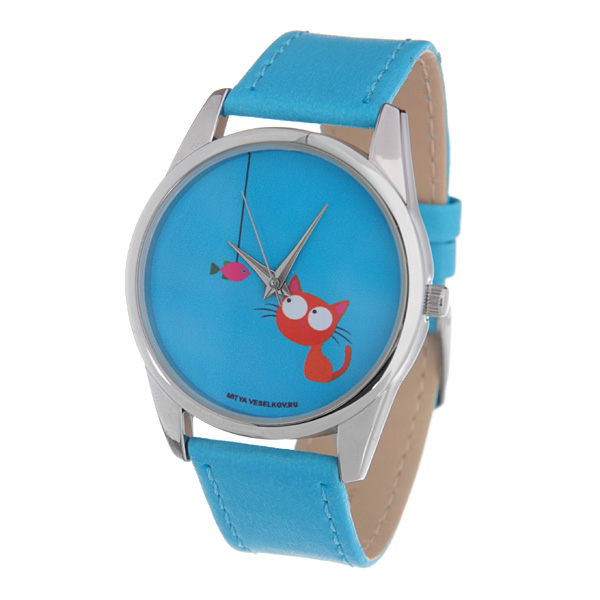 Часы Mitya Veselkov Кошка и рыбка (голубой). Color-60