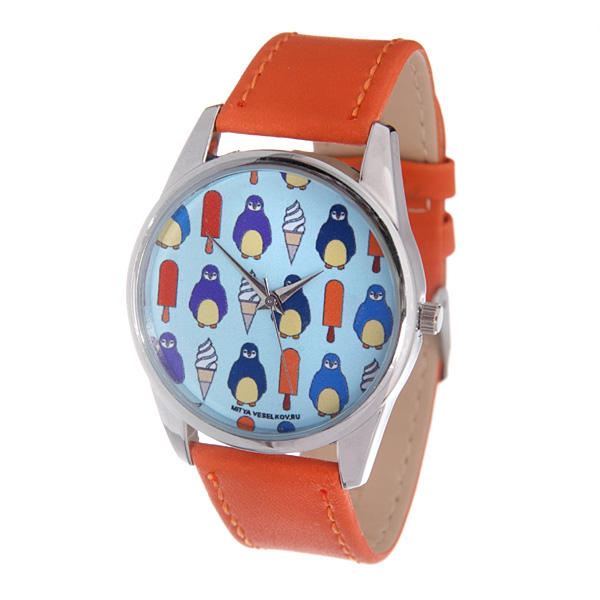 Часы Mitya Veselkov Пингвины и эскимо (оранжевый). Color-61