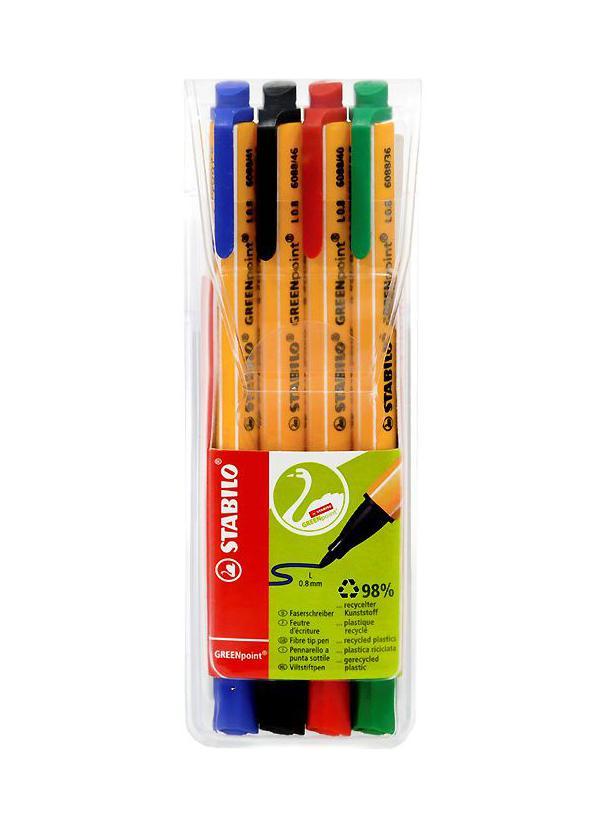 Набор ручек Greenpoint, 4 цвета6088/4 Набор ручек Greenpoint, 4 цвета6088/4STABILO GREENpoint 6088. Экопродукция - корпус ручки на 98% изготовлен из переработанного пластика. Предназначена для письма, черчения, рисования. Толщина линии 0,8мм обеспечивает исключительно мягкое письмо и позволяет использовать ручку как тонкопишущий фломастер. Чернила на водной основе отличаются повышенной интенсивностью цвета. Износостойкий пишущий узел и большой запас чернил значительно увеличивают срок службы ручки.