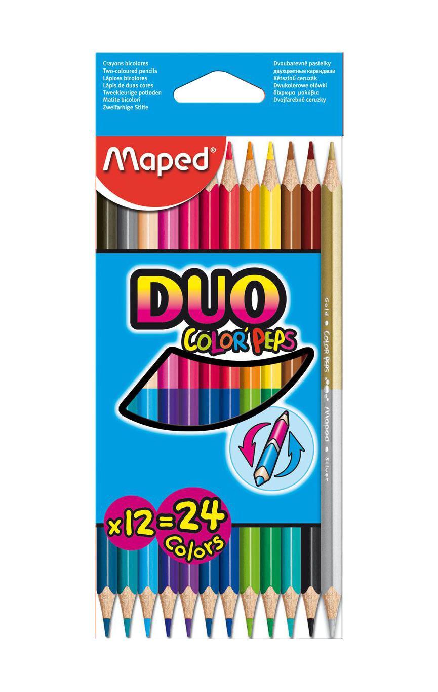 Карандаши цветные двухсторонние Maped Color Peps Duo, 12 карандашей, 24 цвета829600 Карандаши цветные двухсторонние Maped Color Peps Duo, 12 карандашей, 24 цвета829600В процессе рисования у малышей развивается наглядно-образное мышление, воображение, мелкая моторика рук, творческие и художественные способности, вырабатывается усидчивость и аккуратность. Цветные карандаши Color Peps Duo - это набор из 12 карандашей «2 в 1». Два цвета располагаются на одном карандаше с разных сторон. Цветные карандаши Color Peps Duo разработаны специально для самых маленьких художников, которые только начинают свой творческий путь. Эргономичный трехгранный корпус из американской липы особенно удобен для маленьких детских ручек. Специальное покрытие и многослойная лакировка уменьшают скольжение, что делает процесс рисования максимально комфортным. Мягкий, ударопрочный грифель не ломается и не крошится при заточке.В процессе рисования у малышей развивается наглядно-образное мышление, воображение, мелкая моторика рук, творческие и художественные способности, вырабатывается усидчивость и аккуратность. Характеристики:Материал: грифель, дерево. Длина карандаша: 17,5 см. Диаметр карандаша: 0,7 см. Размер упаковки:8,5 см х 20,5 см х 1 см. Изготовитель: Китай.