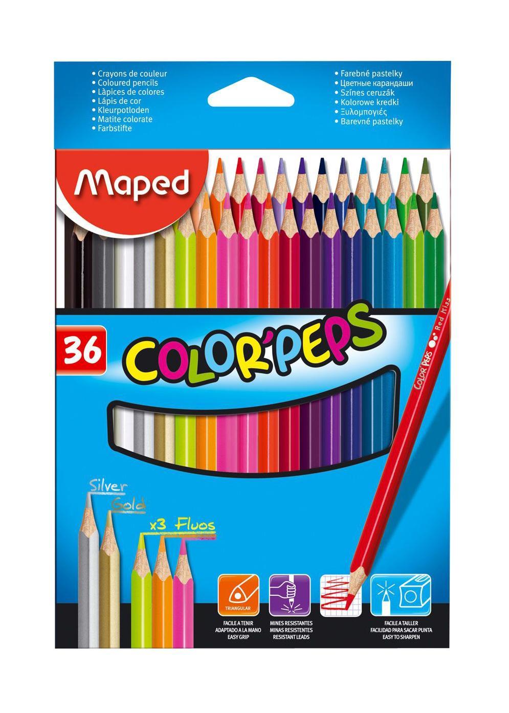 Карандаши цветные Maped Color Peps, 36 цветов832017 Карандаши цветные Maped Color Peps, 36 цветов832017В процессе рисования у малышей развивается наглядно-образное мышление, воображение, мелкая моторика рук, творческие и художественные способности, вырабатывается усидчивость и аккуратность. Набор содержит карандаши 36 ярких насыщенных цветов. Все карандаши предварительно заточены. Цветные карандаши Color Peps разработаны специально для самых маленьких художников, которые только начинают свой творческий путь. Эргономичный трехгранный корпус из американской липы особенно удобен для маленьких детских ручек. Специальное покрытие и многослойная лакировка уменьшают скольжение, что делает процесс рисования максимально комфортным. Мягкий, ударопрочный грифель не ломается и не крошится при заточке.В процессе рисования у малышей развивается наглядно-образное мышление, воображение, мелкая моторика рук, творческие и художественные способности, вырабатывается усидчивость и аккуратность.