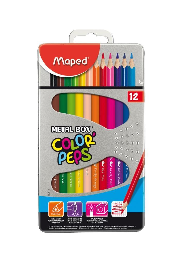 Карандаши цветные Maped Color Peps, в металлическом футляре, 12 цветов832014 Карандаши цветные Maped Color Peps, в металлическом футляре, 12 цветов832014В процессе рисования у малышей развивается наглядно-образное мышление, воображение, мелкая моторика рук, творческие и художественные способности, вырабатывается усидчивость и аккуратность. Набор содержит карандаши 12 ярких насыщенных цветов, упакованных в прочный металлический футляр. Все карандаши предварительно заточены. Цветные карандаши Color Peps разработаны специально для самых маленьких художников, которые только начинают свой творческий путь. Эргономичный трехгранный корпус из американской липы особенно удобен для маленьких детских ручек. Специальное покрытие и многослойная лакировка уменьшают скольжение, что делает процесс рисования максимально комфортным. Мягкий, ударопрочный грифель не ломается и не крошится при заточке. В процессе рисования у малышей развивается наглядно-образное мышление, воображение, мелкая моторика рук, творческие и художественные способности, вырабатывается усидчивость и аккуратность.Набор содержит карандаши 12 ярких насыщенных цветов, упакованных в прочный металлический футляр. Все карандаши предварительно заточены. Характеристики:Материал: грифель, дерево. Длина карандаша: 17,5 см. Диаметр карандаша: 0,7 см. Размер упаковки:10 см х 18,5 см х 1,2 см. Изготовитель: Китай.