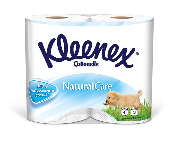 Туалетная бумага Kleenex Natural Care, трехслойная, цвет: белый, 4 рулона26083085 Туалетная бумага Kleenex Natural Care, трехслойная, цвет: белый, 4 рулона26083085Четырехслойная туалетная бумага Kleenex Natural Care изготовлена из целлюлозы высшего качества. Листы белого цвета имеют рисунок с тиснением в виде собачек. Мягкая, нежная, но в тоже время прочная, бумага не расслаивается и отрывается строго по линии перфорации.