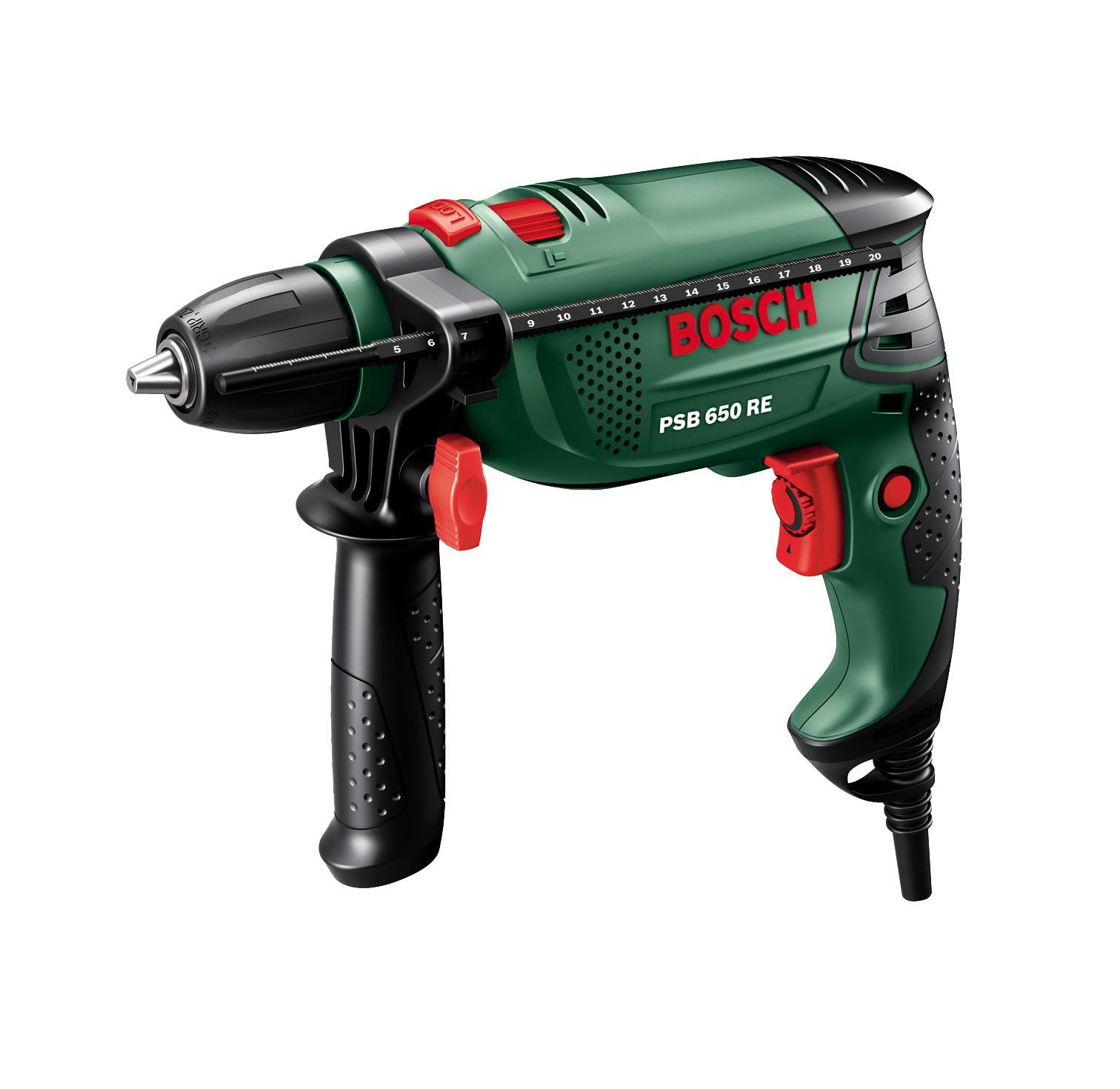 Дрель ударная Bosch PSB 650 + набор оснастки X-line 15, 0603128005PSB 650 RE БЗП + Multitool Дрель ударная Bosch PSB 650 + набор оснастки X-line 15, 0603128005PSB 650 RE БЗП + MultitoolКомпактная ударная дрель PSB 650 RE отвечает даже самым высоким требованиям по производительности. Благодаря своему мощному двигателю 650 Вт она может сверлить отверстия даже очень большого диаметра, например 14 мм в бетоне. С весом 1,7 кг эта ударная дрель очень удобна в использовании. Высокий комфорт в работе также обеспечивается мягкими накладками и входящей в комплект дополнительной рукояткой. Благодаря электронике Bosch домашние мастера могут предустанавливать и регулировать частоту вращения посредством регулировочного колесика и кнопочного выключателя. Это позволяет работать с высокой точностью и учетом свойств обрабатываемого материала, например при засверливании гладких поверхностей и при заворачивании шурупов.Комплектация дрели дополнена набором высококачественной оснастки Mini X-line 15. Оптимальная готовность для очень важных задач: обзорный набор для домашних мастеров для сверления отверстий диаметром 5-8 мм в древесине и камне. Включая 8 бит и универсальный держатель.Технические характеристики:Номинальная потребляемая мощность: 650 Вт Макс. крутящий момент: 9 Нм Число Оборотов холостого хода: 50 - 3.000 об/мин Частота ударов: 48.000 об/мин Масса нетто: 1,8 кг Макс. O сверла по бетону: 14 мм Макс. O сверла по стали: 12 мм Макс. O сверла по дереву: 30 мм Функции: БЗП, Реверс, Bosch Electronic, Рукоятка с мягкой накладкойОбласть применения: заворачивание шурупов/сверление/сверление с ударом