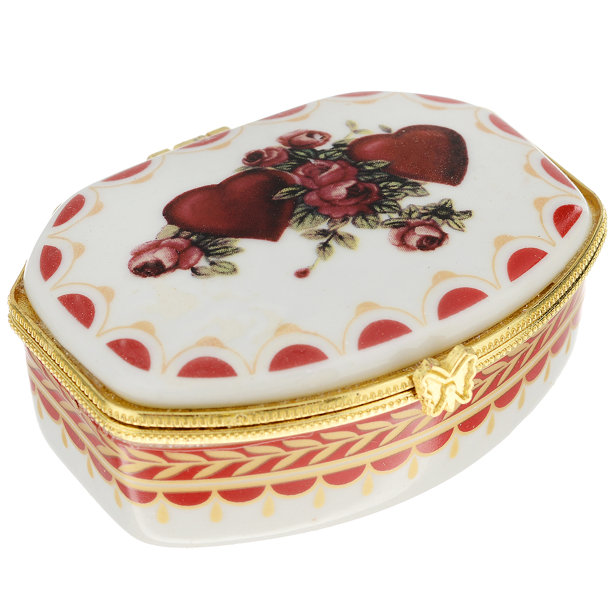 Шкатулка Besko Сердца. 528-301528-301 Шкатулка Besko Сердца. 528-301528-301Стильная шкатулка Besko Сердца не оставит равнодушной ни одну любительницу драгоценностей и изысканных вещей. Шкатулка выполнена в форме шестигранника из качественного фарфора и украшена изображением сердец.Сочетание оригинального дизайна и функциональности сделает такую шкатулку практичным и стильным подарком, а также предметом гордости ее обладательницы. Рекомендуется регулярно удалят пыль мягкой, сухой тряпкой. Не применять абразивные чистящие вещества.