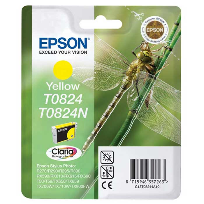 Epson T0824/T0824N (C13T08244A10/C13T11244A10), Yellow картридж для R270/R290/RX590/T50/TX650C13T11244A10 Epson T0824/T0824N (C13T08244A10/C13T11244A10), Yellow картридж для R270/R290/RX590/T50/TX650C13T11244A10Картридж Epson C13T08244A10/C13T11244A10 с чернилами для струйных фотопринтеров и МФУ Epson.
