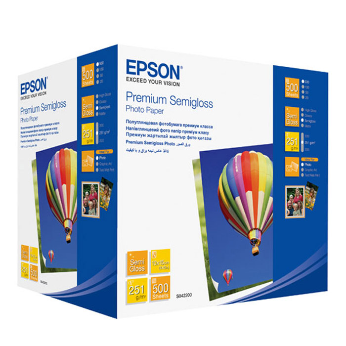 Epson Premium Semiglossy Photo 251/10x15/500л, полуглянцевая C13S042200C13S042200 Epson Premium Semiglossy Photo 251/10x15/500л, полуглянцевая C13S042200C13S042200Высококачественный материал Epson Premium Semiglossy Photo на бумажной основе с полуглянцевым полимерным покрытием. Предназначен для печати изображений профессионального качества - фотографий, интерьерной графики.
