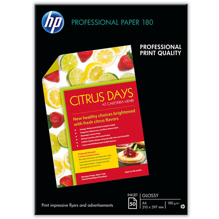 HP 160/A4/50л глянцевая двухсторонняя бумага для струйной печати брошюр и рекламы, A4, 50л, 160 (C68C6818A HP 160/A4/50л глянцевая двухсторонняя бумага для струйной печати брошюр и рекламы, A4, 50л, 160 (C68C6818AГлянцевая профессиональная бумага HP 160/A4/50л (C6818A) для струйной печати имеет повышенную плотность и двустороннее ярко-белое покрытие. Она обеспечивает быструю, удобную и экономичную малотиражную печать собственных рекламных материалов, брошюр и рекламных листовок.Глянцевая профессиональная бумага HP для струйной печати – это экономия при печати малых объемов. Улучшенные качество и надежность печати на струйных принтерах HP. Идеальный выбор для печати рекламной литературы, деловых фотографий, документов с изображениями и других маркетинговых материалов. Высокая плотность (180 г/м2) позволяет создавать материалы для рассылки по почте и упрощает складывание листов. Двустороннее покрытие для двусторонней печати и повышенная непрозрачность для минимального просвечивания нанесённых изображений.Габариты печатных носителей: 210 x 297 мм