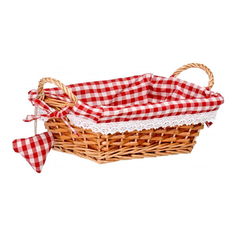 Корзинка для хлеба Premier, прямоугольная, цвет: красный, 25 х 18 х 13 см1901050 Корзинка для хлеба Premier, прямоугольная, цвет: красный, 25 х 18 х 13 см1901050Прямоугольная корзинка для хлеба Premier сплетена из лозы. На внутреннюю поверхность корзинки надет хлопковый чехол с рисунком в красную клетку, благодаря ему крошки не просыпаются на стол. Корзинка оснащена двумя удобными ручками и украшена текстильной подвеской в виде сердечка.В холодный зимний день приятная цветовая гамма корзинки в сочетании с оригинальным дизайном навевают воспоминания о лете, тем самым способствуя улучшению настроения и полноценному отдыху.