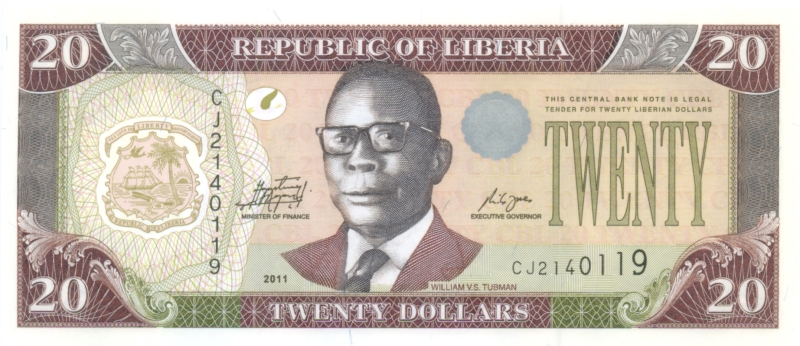 Банкнота номиналом 20 долларов. Либерия. 2011 год