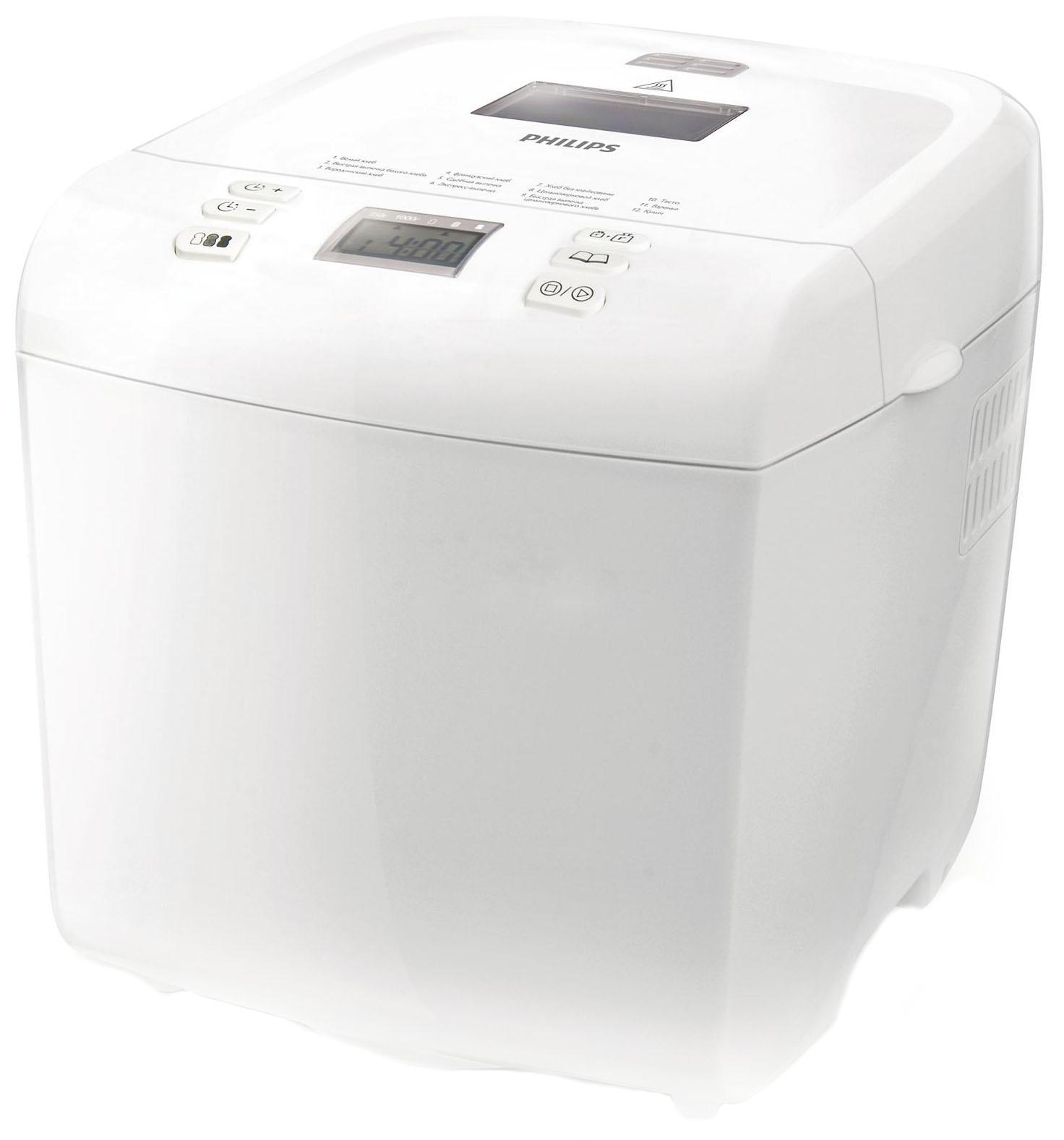 Philips HD9016/30 хлебопечкаHD9016/30 Philips HD9016/30 хлебопечкаHD9016/30Хлебопечь Philips имеет 12 простых программ для выпечки любой сложности — от полезного цельнозернового до французского хлеба, хлеба без глютена и сладкой выпечки. В ней также можно приготовить прекрасное пресное тесто или даже варенье. С хлебопечью Philips выпечка всегда вкусна и проста в приготовлении. Имеющиеся программы обеспечивают оптимальную температуру и время приготовления различных видов выпечки. Если у вас мало времени, можно воспользоваться программой быстрого выпекания или даже экспресс-выпекания, при которой выпечка будет готова за один час.Благодаря усовершенствованной системе контроля температуры хлебопечь Philips VIVA позволяет испечь хлеб на любой вкус — просто нажмите нужную кнопку на панели управления, и Вы получите выпечку со светлой, золотистой или темной корочкой.Выпекайте хлеб нужного размера. Просто выберите размер буханки на панели управления — средний (750 г) или большой (1000 г).Наслаждайтесь незабываемым вкусом и неповторимым запахом свежего теплого хлеба по утрам — отличное начало дня! Просто установите перед сном таймер отсрочки старта на нужное время, и, пока Вы спите, хлебопечь испечет превосходный свежий хлеб к Вашему завтраку.Во время замешивания теста хлебопечь издает звуковой сигнал, сообщающий о том, что можно добавить дополнительные ингредиенты.Хлебопечь отличается продуманным дизайном и работает тихо (65 дБа). Компактная форма позволяет разместить ее на любой современной кухне.Готовьте йогурт при помощи специальной программы. Контейнер для йогурта входит в комплект. Для удобства хранения прилагается крышка.