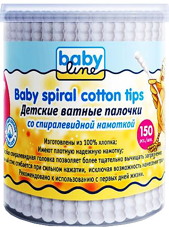 BabyLine Ватные палочки, детские, со спиралевидной намоткой, 150 штDB032 BabyLine Ватные палочки, детские, со спиралевидной намоткой, 150 штDB032Детские ватные палочки со спиралевидной намоткой предназначены для ухода за ушами, носом и пупком малыша, а также для удаления излишней влаги в складках кожи и между пальцами, подходят для снятия макияжа. Особая спиралевидная головка позволяет более тщательно вычищать загрязнения.Товар сертифицирован.