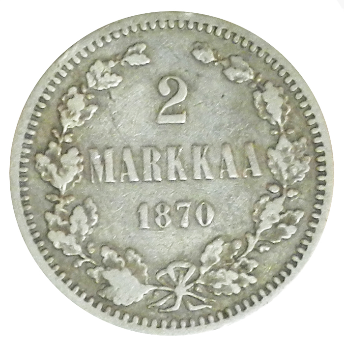 Монета номиналом 2 марки в холдере. Белый металл. Финляндия в составе Российской Империи, Гельсингфорсский монетный двор, 1870 год