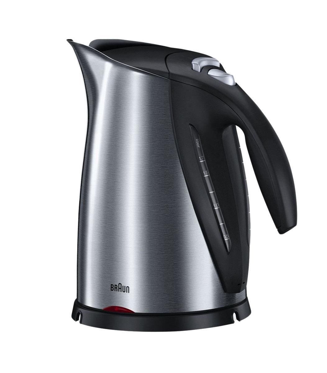 Braun WK600 электрический чайникWK 600, Metall Braun WK600 электрический чайникWK 600, MetallЧайник Braun wk 600 вмещает жидкости 1,7 л, обладает 2200 Вт мощности. Нагревательный элемент сделан закрытого типа, имеется моющийся съемный фильтр. Wk 600 не включается при неправильном положении на подставке или при снятии с нее. Braun wk 600 отключается при полном отсутствии воды, незакрытой крышке и закипании жидкости. Корпус wk 600 имеет двухсторонние указатели уровня воды, удлиненный носик и ручку. Широкая крышка плотно фиксируется в закрытом положении и освобождается специальной кнопкой.