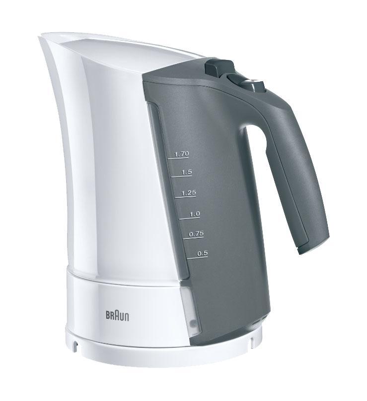 Braun WK 300, White, электрочайникWK 300, White Braun WK 300, White, электрочайникWK 300, WhiteBraun WK 300 - это современный электрочайник чешского производства. Он отличается высокой мощностью, позволяющей быстро вскипятить необходимое количество воды. Корпус модели изготовлен из высокопрочного и экологически чистого пластика, для удобства эксплуатации снабжен шкалой уровня воды с двух сторон. Подставка с центральным контактом обеспечивает беспрепятственное вращение чайника на 360 градусов вокруг своей оси. Электрочайник Braun WK 300 надежно защищен от проливания кипятка системой блокировки крышки, кроме того, он автоматически отключается при закипании, открывании крышки или малом количестве воды. Это удобная и функциональная модель, способная удовлетворить все повседневные потребности.Чайник Braun WK 300 сочетает в себе уникальный дизайн и быстроту работы - для совершенного результата. Беспроводной чайник вскипятит воду для чая, растворимого кофе и других нужд гораздо быстрее, чем любой другой бытовой прибор: 250 мл воды в нем закипают менее чем за минуту! Никогда еще кипячение воды не было таким быстрым, легким и безопасным, и никогда еще обычный чайник не был таким стильным!Чайник Braun WK 300 сочетает в себе уникальный дизайн и быстроту работы - для совершенного результата. С ним Вы быстро вскипятите воду для чая, растворимого кофе и других нужд.