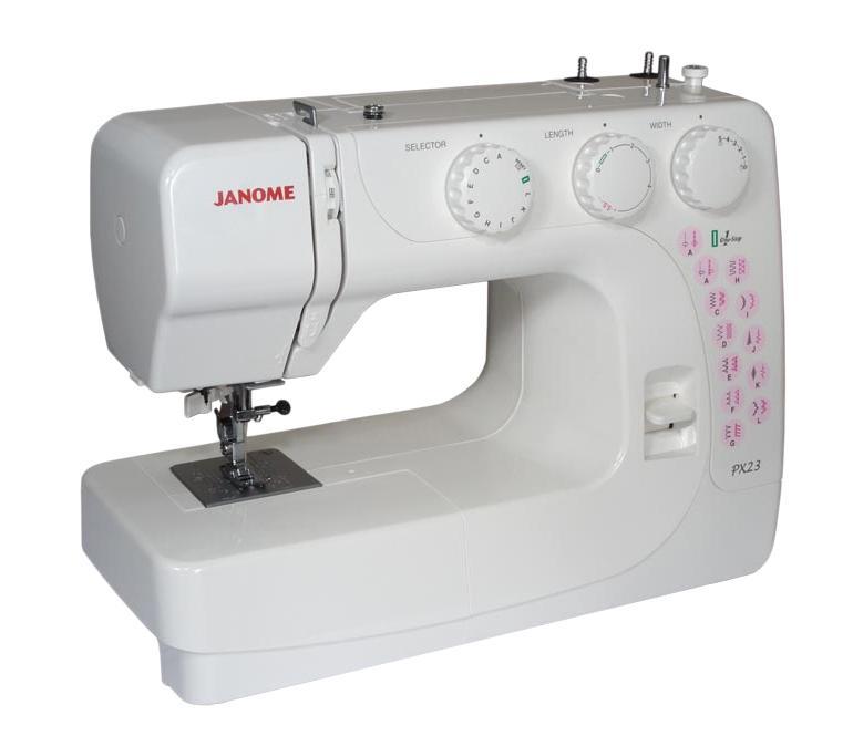 Janome PX-23, White швейная машинаPX23 Janome PX-23, White швейная машинаPX23Компактная электромеханическая швейная машина Janome PX-23 выполняет 23 видов строчек и петлю в полу автоматическом режиме. Машина хорошо справляется с различными типами тканей. Достаточная функциональность швейной машины Janome PX-23 для использования ее не только для ремонта одежды, но и для пошива изделий из различных тканей и материалов.Мощный двигатель и металлическое основание швейной машины JanomePX-23 позволят работать как с легкими, так и с тяжелыми тканями.Машина отличается хорошим качеством сборки, надежностью и удобнымполноценным управлением.Вы сможете подшивать потайной строчкой,обрабатывать края, шить трикотаж, в технике пэчворка и квилтинга,украшать Ваши творения декоративными строчками. В швейной машиныJanome PX-23 также имеется плавная регулировка длины и шириныстежков и автоматический нитевдеватель.