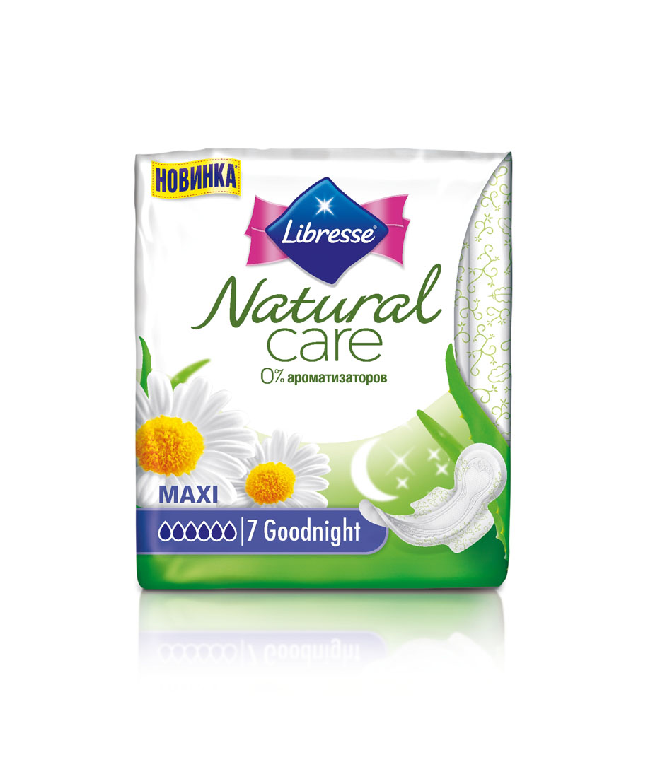 Libresse Гигиенические прокладки Natural Care Maxi. Goodnight с крылышками, с мягкой поверхностью, ночные, 7 шт14037245 Libresse Гигиенические прокладки Natural Care Maxi. Goodnight с крылышками, с мягкой поверхностью, ночные, 7 шт14037245Толстые прокладки Libresse Natural Care Maxi. Normal с мягкой поверхностью обеспечат оптимальную защиту ночью при обильных выделениях. Обогащены натуральными экстрактами алоэ вера и ромашки. Надежно впитывают и защищают и при этом не содержат искусственных ароматизаторов. Характеристики:Количество прокладок: 7 шт. Размер упаковки: 9,5 см х 8,5 см х 12 см. Производитель: Словакия. Товар сертифицирован.