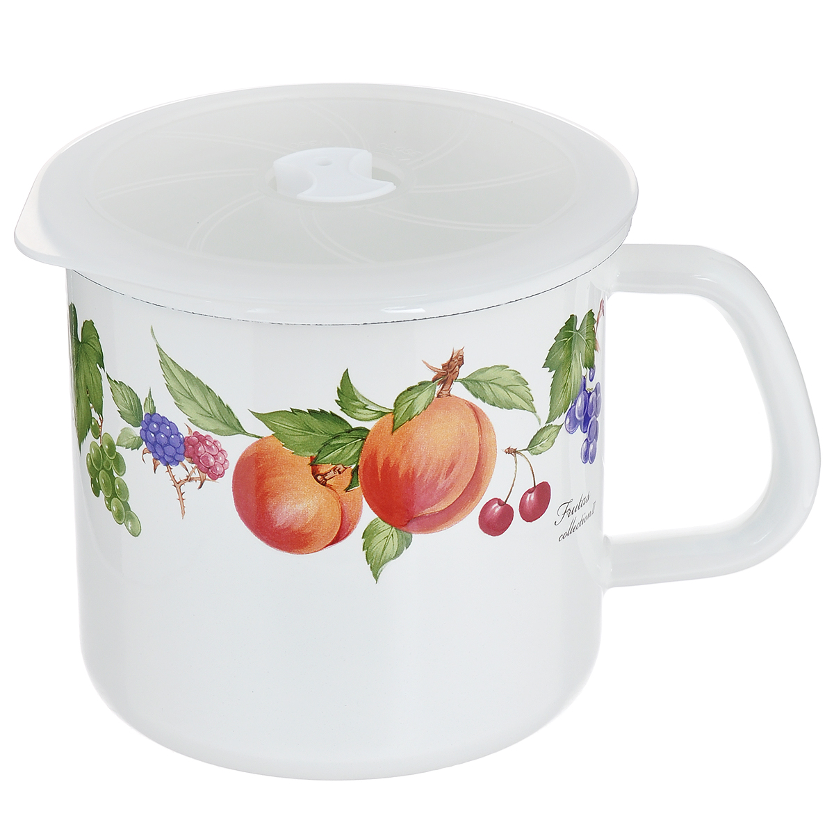 Кружка Ejiry Фрукты с крышкой, 1,3 лЭ8387 Кружка Ejiry Фрукты с крышкой, 1,3 лЭ8387Кружка Ejiry Фрукты изготовлена из нержавеющей стали с высококачественным эмалированным покрытием. Внешние стенки оформлены красочным изображением фруктов. Эмалированная посуда фирмы Ejiry - это японское ноу-хау. Уникальная технология обработки внутренней поверхности и все свойства, присущие эмалевым покрытиям, представляют преимущества, которые невозможно воспроизвести, используя другие материалы:- вкусовые свойства продуктов питания не искажаются, т.к. отсутствуют выделения ионов металлов;- запах пищевых продуктов не задерживается на стенках посуды;- покрытие устойчиво к воздействию щелочей и кислот и не вступает в химические реакции с пищевыми продуктами;- гладкая стекловидная поверхность препятствует размножению бактерий и значительно превосходит нержавеющую сталь, алюминий и др. материалы по санитарным свойствам и простоте ухода. Кружка невероятно функциональная: ее можно использовать для приготовления пищи прямо на плите, хранения продуктов, в том числе в холодильнике, а также в качестве контейнера. Благодаря герметичной пластиковой крышке, продукты дольше остаются свежими и сохраняют свой аромат.Подходит для всех типов плит, можно мыть в посудомоечной машине.