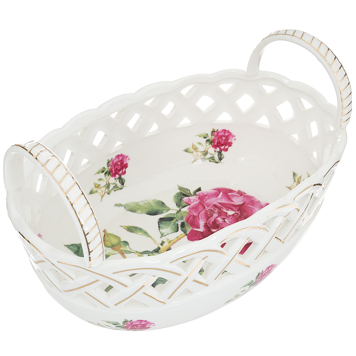 Фруктовница Besko Розита. 528-307528-307 Фруктовница Besko Розита. 528-307528-307Фруктовница Besko Розита изготовлена из высококачественного фарфора белого цвета в виде плетеной корзинки с ручками. Изделие оформлено красочным изображением роз, перфорацией под плетение и золотистой эмалью. Прекрасно подходит для красивой сервировки фруктов и конфет. Фруктовница Besko Розита изящно украсит праздничный стол и удивит гостей необычным изысканным дизайном. Не использовать в микроволновой печи. Не применять абразивные моющие средства.
