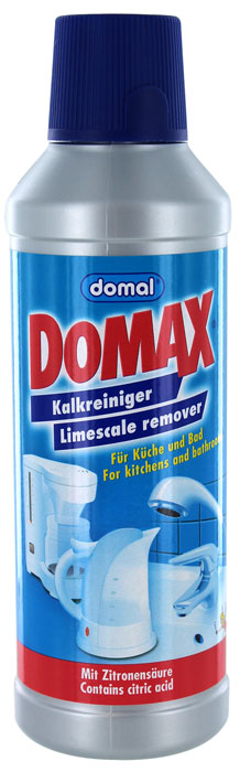 Биоочиститель накипи Domax для всех водонагревательных приборов, 500 мл158061 Биоочиститель накипи Domax для всех водонагревательных приборов, 500 мл158061Специально разработанная формула на основе безвредных для человека биологических веществ. Эффективно удаляет накипь в чайниках, кофеварках, посуде, стиральных машинах, а также трудноудаляемые известковые отложения с твердых поверхностей в ванной и на кухне. Не имеет запаха. Регулярное использование Domax улучшит работу и продлит срок службы ваших водонагревательных приборов. Способ применения: Чайники и водонагревательные приборы: налить 1л воды в чайник (резервуар). В зависимости от загрязнения добавить 150-200 мл средства. Нагреть раствор до 50°С и оставить действовать на 30 мин. Затем вылить раствор, тщательно прополоскать и прокипятить емкость.Кофеварки: налить 200 мл воды в резервуар для воды кофеварки и затем 50 мл средства. Включить кофеварку и прогнать около 100 мл раствора. Выключить кофеварку и дать остаткам раствора подействовать около 15 мин. Затем пропустить остатки раствора и дважды прогнать чистой водой. Стиральные машины: в стиральную машину без моющих средств и белья залить 500 мл средства и запустить короткую программу при температуре 60°С.Поверхности арматуры и сантехники: неразбавленное средство налить или нанести влажной тряпкой на очищаемую поверхность. Затем потереть и смыть водой. Для достижения наибольшего блеска протрите поверхность сухой тряпкой после того, как она высохнет. Не применять на чувствительных к кислотам поверхностях: эмали, серебре, мраморе, анодированном алюминии. При использовании в водонагревательных приборах сверьтесь с рекомендациями производителя. Перед применением на твердых поверхностях в ванной или на кухне проверьте средство на незаметном месте. Не применять вместе с хлорсодержащими очистителями.Экологически чистый продукт. Состав (согласно рекомендации ЕС): лимонная кислота, вспомогательные вещества.