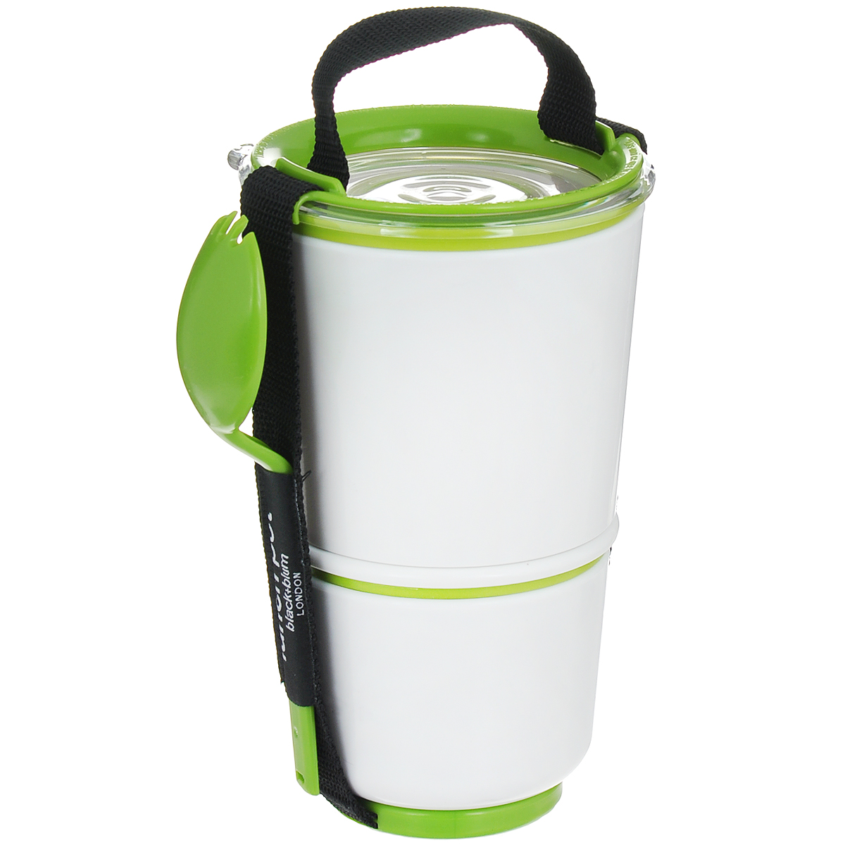 Ланч-бокс Black+Blum Lunch Pot, цвет: белый, зеленый, высота 19 смBP001 Ланч-бокс Black+Blum Lunch Pot, цвет: белый, зеленый, высота 19 смBP001Ланч-бокс Black+Blum Lunch Pot изготовлен из высококачественного пищевого пластика, устойчивого к нагреванию. Изделие представляет собой 2 круглых контейнера, предназначенных для хранения пищи и жидкости. Контейнеры оснащены герметичными крышками с надежной защитой от протечек, это позволяет взять с собой суп. В комплекте имеется текстильный ремешок с ручкой и пластиковая ложка-вилка.Благодаря компактным размерам, ланч-бокс поместится даже в дамскую сумочку, а также позволит взять с собой полноценный обед из первого и второго блюда.Можно использовать в микроволновой печи и мыть в посудомоечной машине.