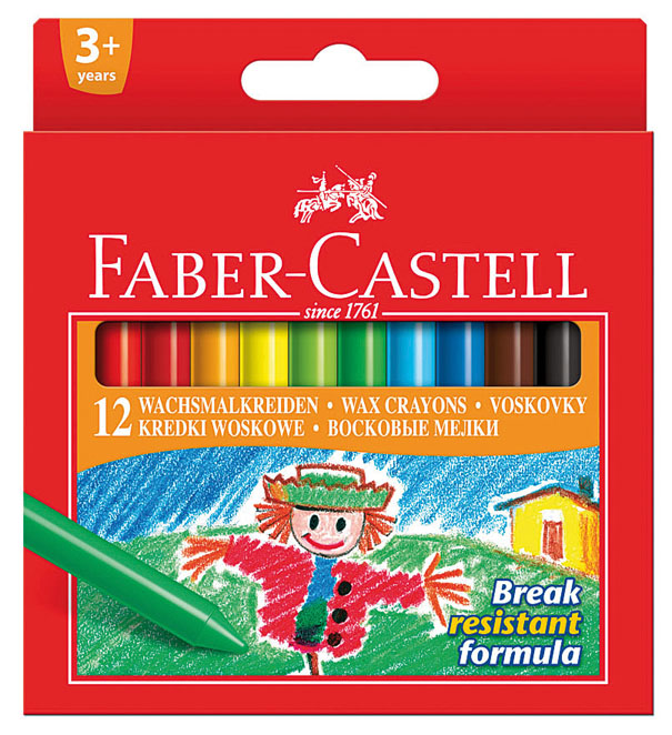 Восковые карандаши Faber-Castell, 12 цветов141012 Восковые карандаши Faber-Castell, 12 цветов141012Восковые карандаши Faber-Castell прекрасно подойдут для развития детского творчества. Карандаши изготовлены на основе полимерных восков, натуральных наполнителей и высококачественных пигментов. Они не пачкаются, прочные, без запаха. Карандаши отличаются яркими и насыщенными цветами, позволяют проводить мягкие и ровные штрихи. Цвета: розовый, красный, темно-красный, оранжевый, желтый, светло-зеленый, зеленый, голубой, синий, коричневый, черный, белый.Восковые карандаши помогут ребенку развить творческие способности, воображение, цветовосприятие, мелкую моторику рук, усидчивость и аккуратность. Порадуйте своего ребенка таким восхитительным подарком! В комплекте: 12 восковых карандаша.
