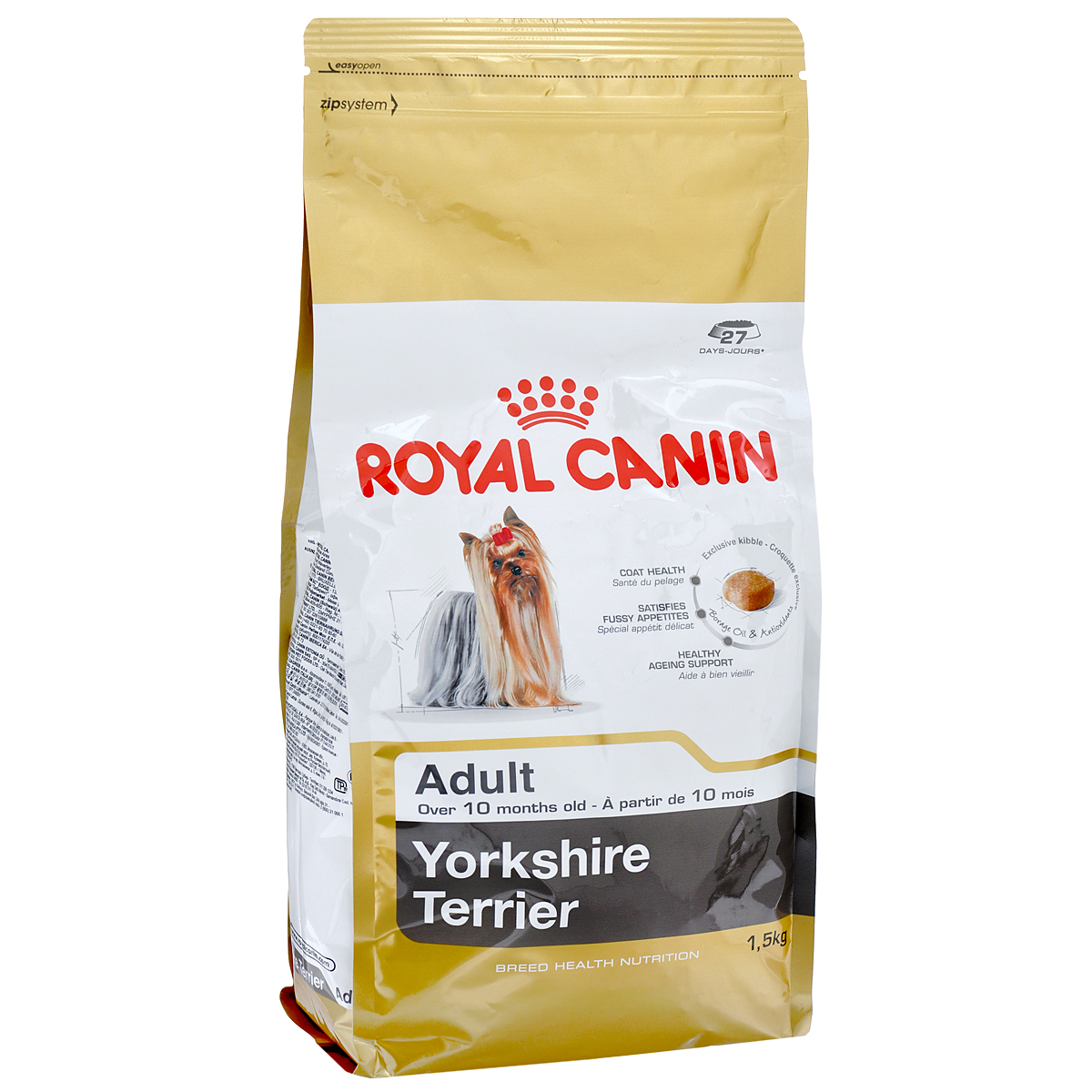 Корм сухой Royal Canin Yorkshire Terrier Adult, для собак породы йоркширский терьер в возрасте от 10 месяцев, 1,5 кг6857 Корм сухой Royal Canin Yorkshire Terrier Adult, для собак породы йоркширский терьер в возрасте от 10 месяцев, 1,5 кг6857Корм сухой Royal Canin Yorkshire Terrier Adult - полнорационный корм для собак породы йоркширский терьер в возрасте от 10 месяцев.Йоркширский терьер — это сказочное создание, которое очаровывает с первой минуты знакомства с ним. Тоненькие, хрупкие и изящные йорки в силу своей физиологии нуждаются в максимальном поступлении в организм аминокислот, необходимых для развития шерсти и ее быстрого роста. Многие корма для йорков имеют крокеты слишком крупного размера, тогда как продукция Royal Canin Yorkshire Terrier Adult разработана специально для небольших челюстей этих собак. Здоровая шерсть.Эта эксклюзивная формула поддерживает здоровье и красоту шерсти йоркширского терьера. Корм обогащен жирными кислотами Омега-3 (EPA и DHA) и Омега-6, маслом бурачника и биотином. Вкусовая привлекательность.Благодаря высокой вкусовой привлекательности корм способен удовлетворить потребностидаже самых привередливых питомцев. Долголетие.Особый комплекс с питательными веществами помогает сохранить здоровье собаки в зрелом возрасте и способствует долголетию.Профилактика образования зубного камня.Благодаря хелаторам кальция и специально подобранной текстуре крокет, которая оказывает чистящее воздействие, корм помогает ограничить образование зубного камня. Состав: дегидратированные белки животного происхождения (птица), рис, кукурузная мука, животные жиры, изолят растительных белков, свекольный жом, гидролизат белков животного происхождения, минеральные вещества, соевое масло, рыбий жир, дрожжи, фруктоолигосахариды, гидролизат дрожжей (источник мaннановых олигосахаридов), масло огуречника аптечного (0,1 %), экстракт бархатцев прямостоячих (источник лютеина).Добавки (в 1 кг): йод — 5,2 мг,селен — 0,28 мг,медь — 15 мг,железо — 166 мг,марганец — 73 мг,цинк — 218 мг,витамин A — 31000 МЕ,витамин D3 — 800 МЕ,витамин E — 600 мг,витамин C — 300 мг,витамин B1 — 27 мг,витамин B2 — 48,6 мг,витамин B3 — 482,8 мг,витамин B5 — 145,2 мг,витамин B6 — 75,7 мг,витамин B12 — 0,13 мг. Товар сертифицирован.