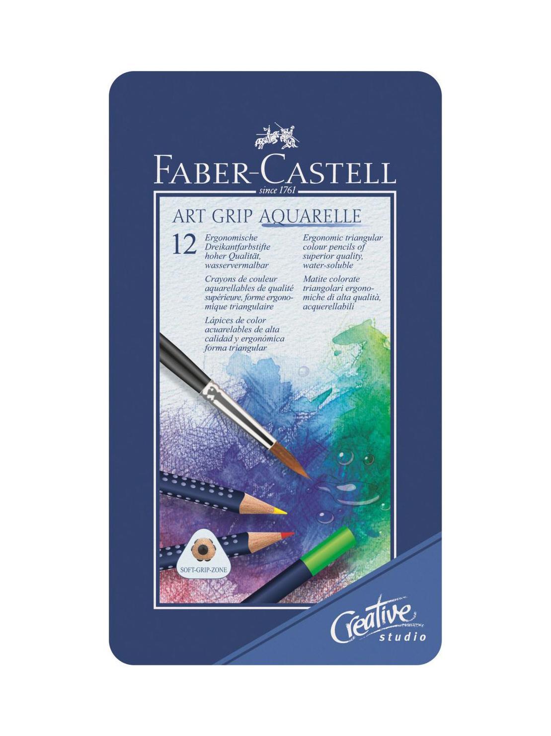 Акварельные карандаши ART GRIP AQUARELLE, набор цветов, в металлической коробке, 12 шт.114212 Акварельные карандаши ART GRIP AQUARELLE, набор цветов, в металлической коробке, 12 шт.114212Faber Castell ART GRIP AQUARELLE 114212 - это акварельные карандаши высокого качества, устойчивые к выцветанию. Они изготовлены по специальной технологии SV, благодаря которой предотвращается поломка и крошение грифеля внутри корпуса. Данная модель имеет антискользящую зону захвата с малыми массажными шашечками.В набор вошли следующие цвета: желтый, оранжевый, розовый, синий, темно-коричневый, черный, светло-зеленый, голубой, салатовый, светло-коричневый, красный, темно-красный. Вид карандаша: Акварельный.Материал: дерево.