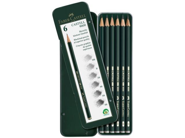 Чернографитовые карандаши  CASTELL® 9000, твердость 2B, 4B, B, HB, 6В, 8В,  в металлической коробке, 6 шт.