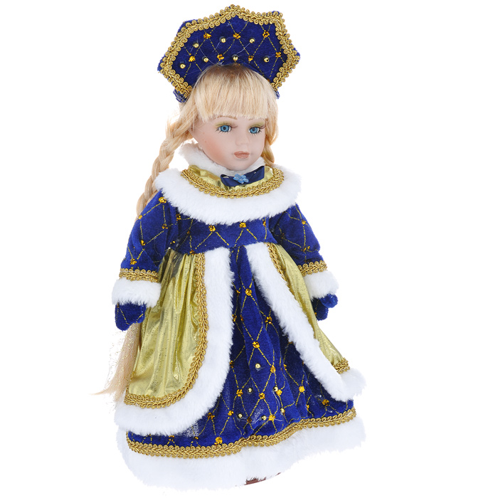 Декоративная керамическая кукла Снегурочка Сонечка, на подставке, 30 см. 3580535805 Декоративная керамическая кукла Снегурочка Сонечка, на подставке, 30 см. 3580535805Великолепная кукла Снегурочка, выполненная из керамики, займет достойное место в вашей коллекции. Туловище куклы мягконабивное. Лицо с трогательным взглядом обрамлено пышными ресницами, а светлые шелковистые волосы заплетены в длинные косы. Кукла максимально приближена к живому прототипу - юной леди с румянцем на щеках. Снегурочка наряжена в роскошную шубку темно-синего цвета, украшенную золотистой тесьмой, блестками и бусинами, а также золотистым текстилем и меховой опушкой белого цвета. Кукла одета в белые панталоны. На ногах - бежевые башмачки из искусственной кожи. На голове - кокошник, декорированный бусинами, тесьмой и блестками. Кукла установлена на подставку, благодаря которой вы можете поместить ее в любом понравившемся вам месте. Такая кукла станет чудесным подарком на Новый год.