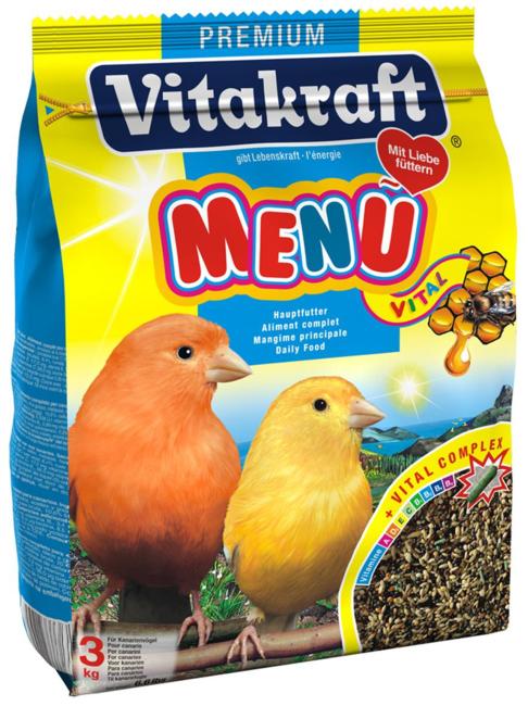Корм для канареек Vitakraft Menu Vital, 500 г10620 Корм для канареек Vitakraft Menu Vital, 500 г10620Основной корм для канареек Vitakraft Menu Vital из семян канареечного и льняного семени, репы, желтого проса и меда. Обогащен дополнительными компонентами в виде шариков, чтобы поддерживать иммунную систему против микроорганизмов, улучшать здоровье в целом. Menu Vital содержит все необходимые витамины и минеральные вещества. Мед и рыбий жир улучшает рост перьев. Ингредиенты: семена канареечного вьюрка, рапсовые семена, льняные семена, желтое просо, овес, красное просо, семена редиски, сухари, овсяная крупа, киви, апельсин, D-глюкоза, фосфат кальция, соевое масло. Гарантированный анализ: мин. сырого белка - 15,8%, мин. сырого жира (масел) - 14,3%, макс. сырой клетчатки - 15,3%, макс. влажности - 10,7% макс. золы - 4,6%, мин. кальция - 0,1%. Витамин А - 1800 МЕ/1 фунт, витамин D3 - 340 МЕ/1 фунт, витамин С - 9 мг/1 фунт, витамин В2 - 0,45мг/1 фунт. Рекомендации к применению: 1 чайная ложка в день.Товар сертифицирован.Уважаемые клиенты! Обращаем ваше внимание на возможные изменения в дизайне упаковки. Качественные характеристики товара остаются неизменными. Поставка осуществляется в зависимости от наличия на складе.