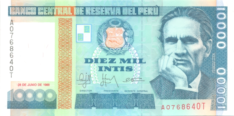 Банкнота номиналом 10000 инти. Перу. 1988 год