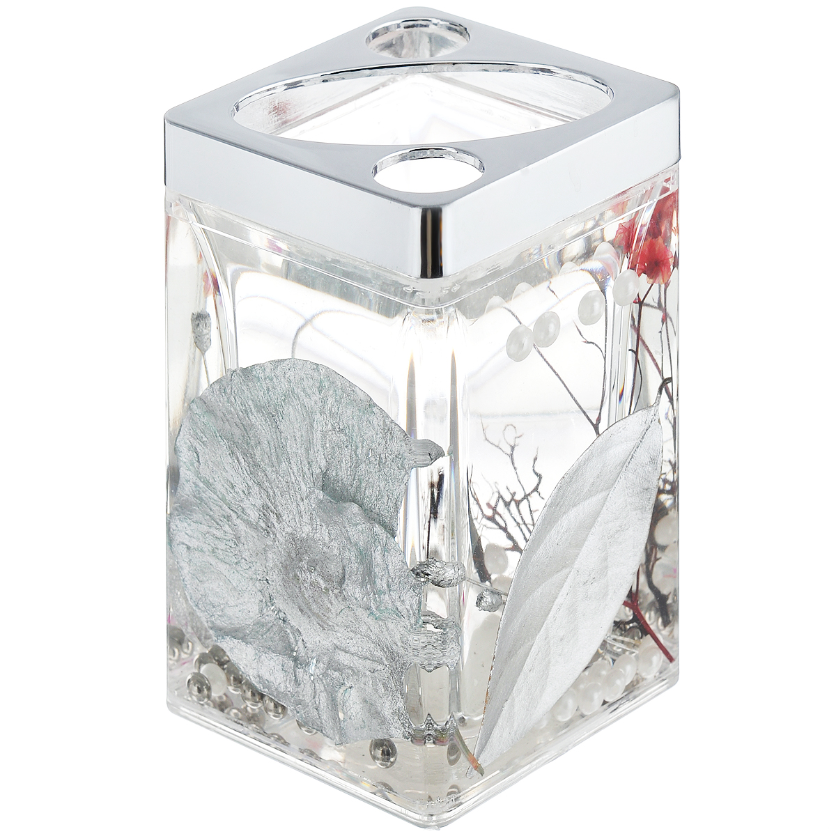 Стаканчик для зубных щеток Silver Leaf867-89 Стаканчик для зубных щеток Silver Leaf867-89Стаканчик для зубных щеток Silver Leaf, изготовленный из прозрачного пластика, отлично подойдет для вашей ванной комнаты. Стаканчик имеет двойные стенки, между которыми находится прозрачный гелевый наполнитель с серебристыми листьями, веточками и бусинами белого и серебристого цвета.Стаканчик для зубных щеток Silver Leaf создаст особую атмосферу уюта и максимального комфорта в ванной. Характеристики: Материал: пластик, акрил, гелевый наполнитель. Цвет: серебристый, черный, белый. Размер стаканчика: 7 см х 7 см х 11,5 см. Производитель: Швеция. Изготовитель: Китай. Размер упаковки: 7,5 см х 7,5 см х 12,5 см. Артикул: 867-89.
