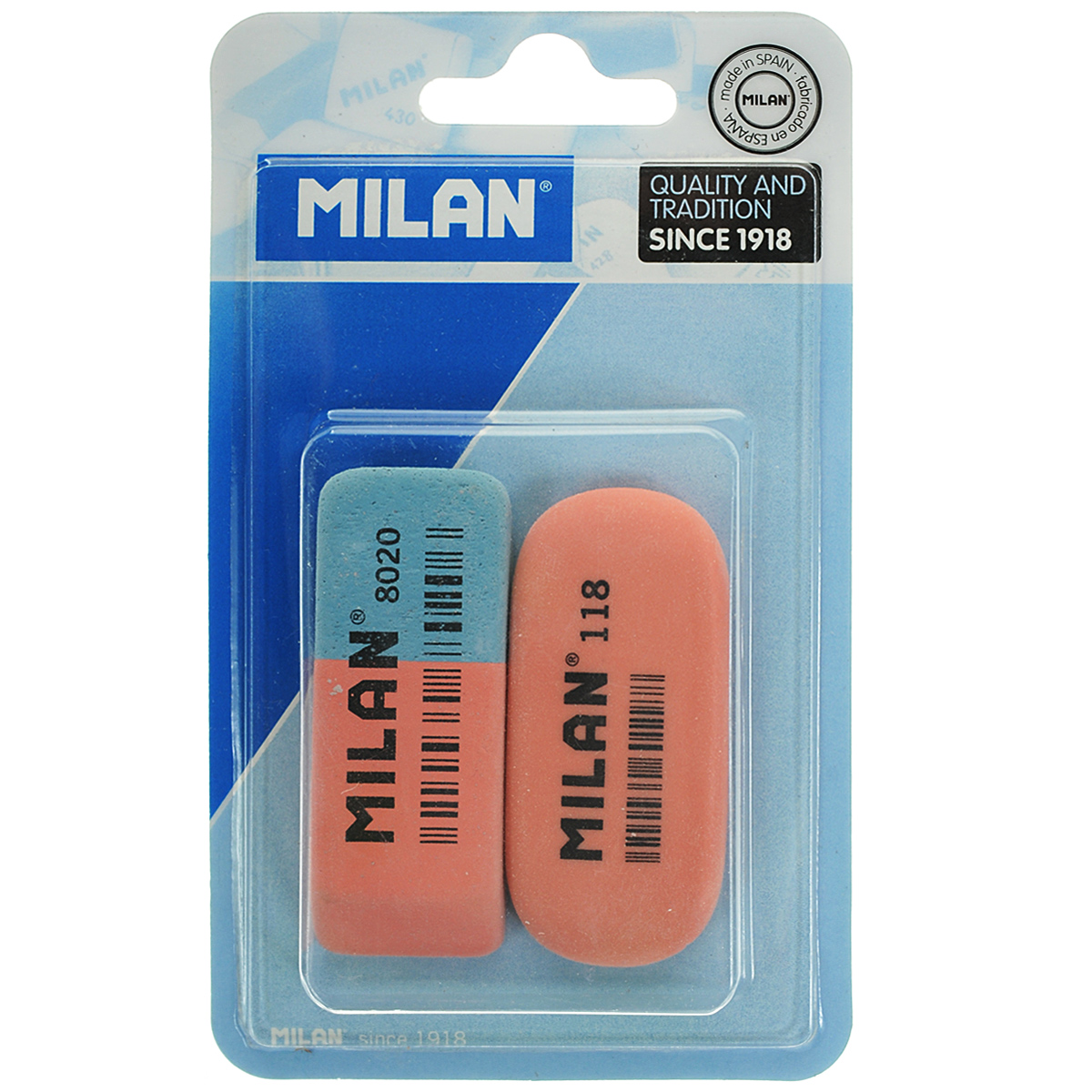 Набор ластиков Milan, 2 шт. 8020+118//92168020+118//9216 Набор ластиков Milan, 2 шт. 8020+118//92168020+118//9216Ластики из набора Milan предназначены для стирания карандашей и чернил с бумаги различной плотности. Один из ластиков - натуральный. Синяя сторона другого ластика предназначена для работы с цветными пигментами и чернилами, красная - для графитовых надписей.В комплекте два ластика.