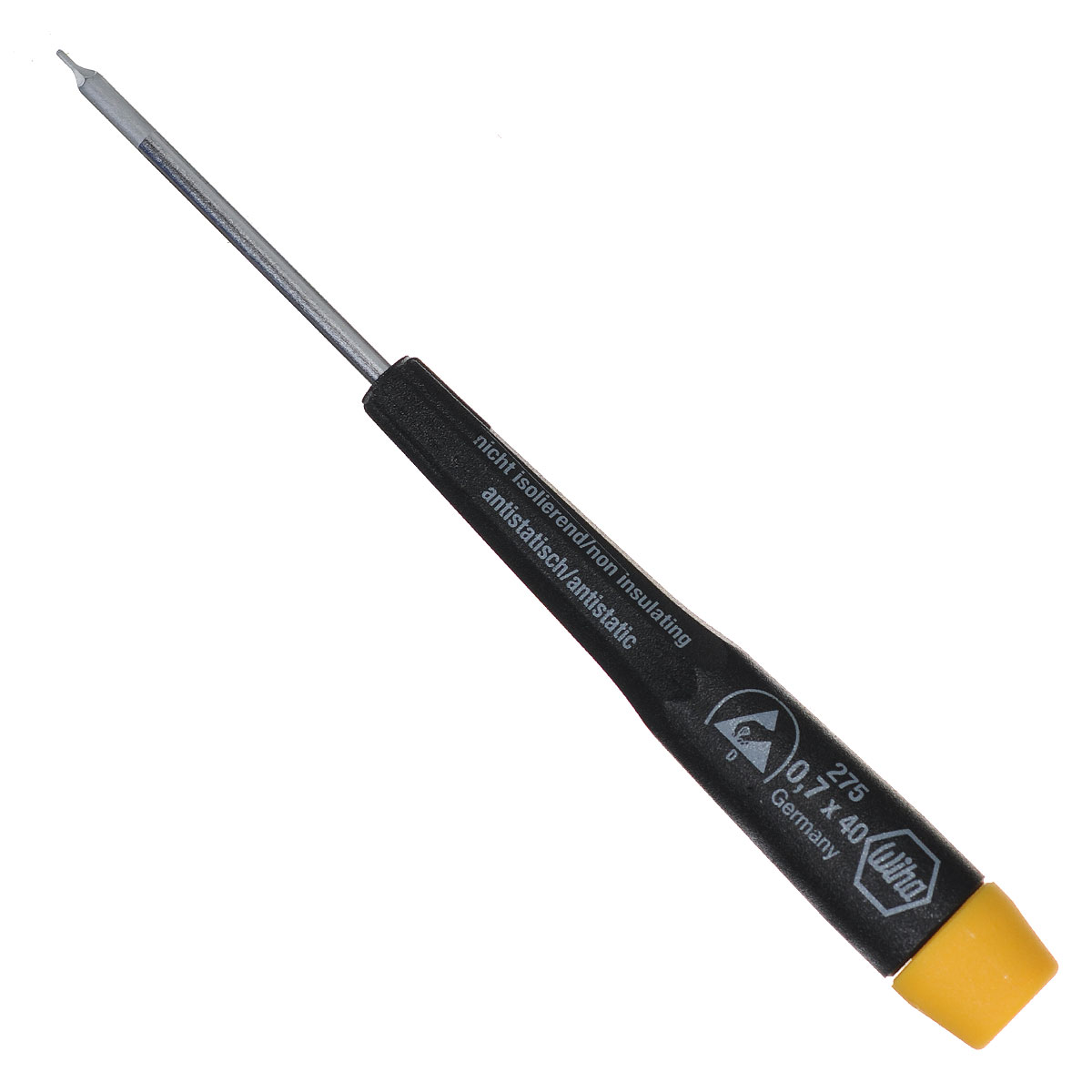 Отвертка Precision 275 ESD SW0,7x40 Wiha 2770727707 Отвертка Precision 275 ESD SW0,7x40 Wiha 2770727707Отвертка WIha Precision ESD с шестигранником оснащена диссипативной рукояткой, отводящей электростатический заряд. Жало выполнено из высококачественной хром-ванадий-молибденовой стали полной закалки с матовым хромированием. Наконечник Wiha ChromTop гарантирует максимальное соответствие размерности. Рукоятка Precision с крутящимся колпачком, поверхностное сопротивление 106-109 Ом. Нормы: IEC 61340-5-1.Общая длина отвертки: 12 см.Длина жала: 4 см.Размер ручки: 8 см х 1,2 см х 1,2 см.