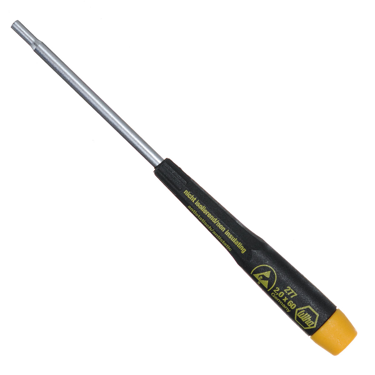 Отвертка Precision 277 ESD торцевая головка SW2,0x60 Wiha 3231332313 Отвертка Precision 277 ESD торцевая головка SW2,0x60 Wiha 3231332313Отвертка с торцевой головкой Wiha Precision ESD с шестигранником. Оснащена диссипативной рукоятка, отводящей электростатический заряд. Жало выполнено из хромованадиевой стали полной закалки с матовым хромированием. Рукоятка Precision с крутящимся колпачком, поверхностное сопротивление 106-109 Ом. Применяется для любых работ с деталями, подверженными воздействию электростатического заряда.Нормы: IEC 61340-5-1.Общая длина отвертки: 14 см.Длина жала: 6 см.Размер ручки: 8 см х 1 см х 1 см.