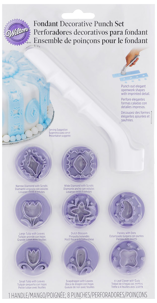 Дырокол кондитерский Wilton, 8 насадокWLT-1907-1204 Дырокол кондитерский Wilton, 8 насадокWLT-1907-1204Дырокол кондитерский Wilton (панч), выполненный из пластика, используется для кондитерского творчества с моделирующей пастой или мастикой. В данном наборе к дыроколу с удобной ручкой прилагается 8 различных вставок, для вырубки различных фигурок. Вырезанные фигурки используются для декора кондитерских изделий. Использовать только с пищевыми материалами.