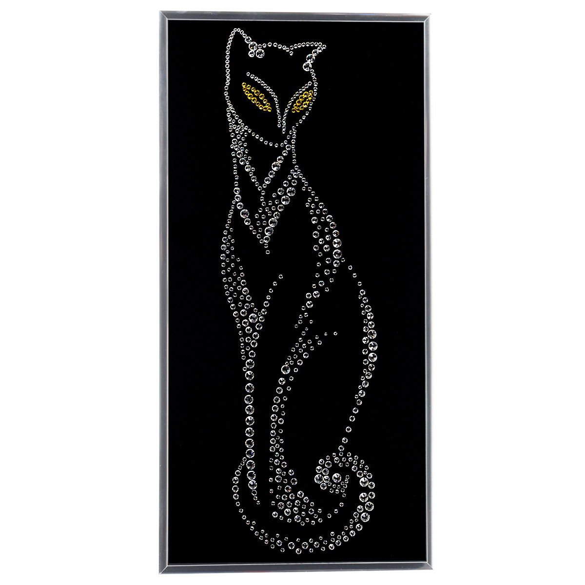 Картина с кристаллами Swarovski Грация, 20 х 40 см1082 Картина с кристаллами Swarovski Грация, 20 х 40 см1082Изящная картина в металлической раме, инкрустирована кристаллами Swarovski в виде грациозной кошки. Кристаллы Swarovski отличаются четкой и ровной огранкой, ярким блеском и чистотой цвета. Под стеклом картина оформлена бархатистой тканью, что прекрасно дополняет блеск кристаллов. С обратной стороны имеется металлическая петелька для размещения картины на стене. Картина с кристаллами Swarovski Грация элегантно украсит интерьер дома или офиса, а также станет прекрасным подарком, который обязательно понравится получателю. Блеск кристаллов в интерьере, что может быть сказочнее и удивительнее. Картина упакована в подарочную картонную коробку синего цвета и комплектуется сертификатом соответствия Swarovski.