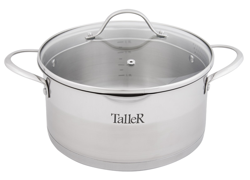 Кастрюля Taller Кэтлин с крышкой, 5,1 лTR-7145 Кастрюля Taller Кэтлин с крышкой, 5,1 лTR-7145Кастрюля Taller Кэтлин изготовлена из высококачественной нержавеющей стали 18/10. Комбинация зеркальной и матовой полировки придает посуде стильный внешний вид. Удобные отметки литража на внутренней поверхности посуды позволяют не использовать при приготовлении дополнительную мерную посуду. Капсулированное дно с алюминиевой вставкой обеспечивает идеальное распределение тепла. Комбинированная крышка из нержавеющей стали и жаропрочного стекла позволяет следить за процессом приготовления, не открывая крышки. Специальное отверстие для выхода пара позволяет готовить с закрытой крышкой, предотвращая выкипание. Особенная конструкция крышки с двусторонней перфорацией различного диаметра и специальная форма краев кастрюли позволяют легко сливать жидкость. Ручки изготовлены из высококачественной нержавеющей стали. Надежное крепление ручек гарантирует безопасное использование. Подходит для всех типов плит, включая индукционные. Не использовать в духовом шкафу. Можно мыть в посудомоечной машине. Высота стенки: 13 см. Толщина стенки: 0,6 мм. Толщина дна: 3,1 мм. Ширина кастрюли (с учетом ручек): 35 см. Диаметр дна: 22,5 см.