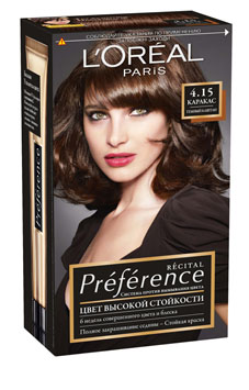 LOreal Paris Стойкая краска для волос Preference, оттенок 4.15, КаракасA6213827 LOreal Paris Стойкая краска для волос Preference, оттенок 4.15, КаракасA6213827Краска для волос Лореаль Париж Преферанс - премиальное качество окрашивания! Она создана ведущими экспертами лабораторий Лореаль Париж в сотрудничестве с профессиональным колористом Кристофом Робином. В результате исследований был разработан уникальный состав краски, основанный на более объемных красящих пигментах. Стойкая краска способна дольше удерживаться в структуре волос, создавая неповторимый яркий цвет, устойчивый к вымыванию и возникновению тусклости. Комплекс Экстраблеск добавит блеска насыщенному цвету волос. Красивые шелковые волосы с насыщенным цветом на протяжении 8 недель после окрашивания! В состав упаковки входит: флакон гель-краски (60 мл), флакон-аппликатор с проявляющим кремом (60 мл), бальзам Усилитель цвета (54 мл), инструкция, пара перчаток.1. Стойкий сияющий цвет 2. Делает волосы мягкими и шелковистыми 3. Полное закрашивание седины