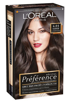 LOreal Paris Стойкая краска для волос Preference, оттенок 4.01, ПарижA8454501 LOreal Paris Стойкая краска для волос Preference, оттенок 4.01, ПарижA8454501Краска для волос Лореаль Париж Преферанс - премиальное качество окрашивания! Она создана ведущими экспертами лабораторий Лореаль Париж в сотрудничестве с профессиональным колористом Кристофом Робином. В результате исследований был разработан уникальный состав краски, основанный на более объемных красящих пигментах. Стойкая краска способна дольше удерживаться в структуре волос, создавая неповторимый яркий цвет, устойчивый к вымыванию и возникновению тусклости. Комплекс Экстраблеск добавит блеска насыщенному цвету волос. Красивые шелковые волосы с насыщенным цветом на протяжении 8 недель после окрашивания! В состав упаковки входит: флакон гель-краски (60 мл), флакон-аппликатор с проявляющим кремом (60 мл), бальзам Усилитель цвета (54 мл), инструкция, пара перчаток.1. Стойкий сияющий цвет 2. Делает волосы мягкими и шелковистыми 3. Полное закрашивание седины