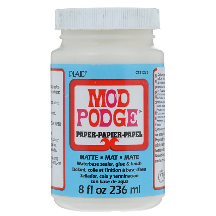 Клей для декупажа Plaid Mod Podge, матовый, для бумаги, 236 млPLD-CS11236 Клей для декупажа Plaid Mod Podge, матовый, для бумаги, 236 млPLD-CS11236Клей для декупажа Plaid Mod Podge имеет лоигинальную формулу, соединяя свойства клея, герметика и лака. Прекрасно подходит для скрапбукинга, при изготовлении открыток и т.п. Перед использованием клей необходимо аккуратно перемешать, наносить кистью или спонжем. Клей быстро сохнет (5-20 мин), становится прозрачным при высыхании, имеет матовый вид. До высыхания клей смывается водой с мылом. Не токсичен, на водной основе, не содержит кислот, архивное качество.