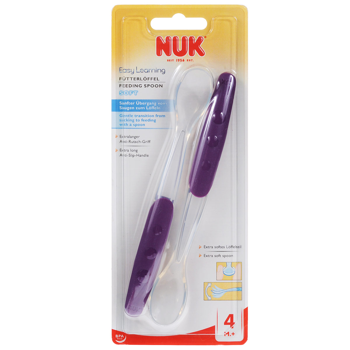 Ложка силиконовая NUK Easy Learning Soft, цвет: фиолетовый, 2 шт10 255 065 Ложка силиконовая NUK Easy Learning Soft, цвет: фиолетовый, 2 шт10 255 065Силиконовая ложка NUK Easy Learning Soft идеально подойдет для плавного перехода от грудного вскармливания к кормлению ложкой. Узкая форма с закругленными краями подходит для бережного кормления, легко удаляет излишки еды со щек и подбородка. Длинная и нескользящая ручка облегчает зачерпывание пищи из глубоких баночек.В наборе две ложки. Допустимо мытье в посудомоечной машине.Рекомендуемый возраст: от 4 месяцев.