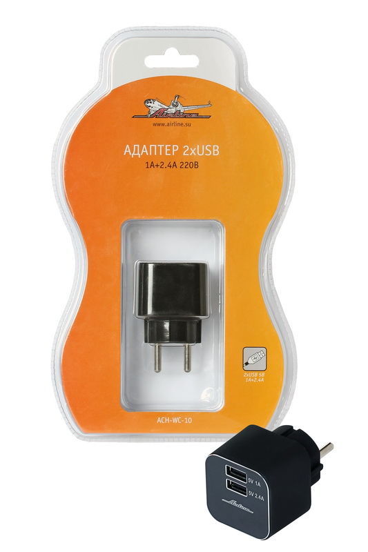 Адаптер Airline, 2 х USB, 220ВACH-WC-10 Адаптер Airline, 2 х USB, 220ВACH-WC-10Адаптер Airline с 2 USB гнездами предназначен для питания и зарядки различных мобильных устройств от розетки 220В. Адаптер имеет оригинальный дизайн. Корпус адаптеров имеет стильное прорезиненное покрытие.Выход USB: 5В 1 А + 2,4 А.